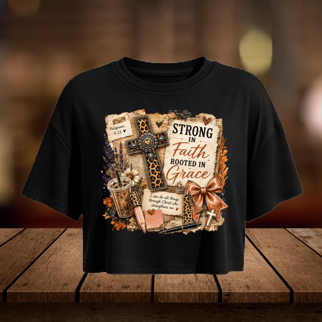 Strong in Faith Rooted in Grace Christian Crop Top | Aesthetic Western Vintage Cross Shirt | Religious Faith Tee for Women