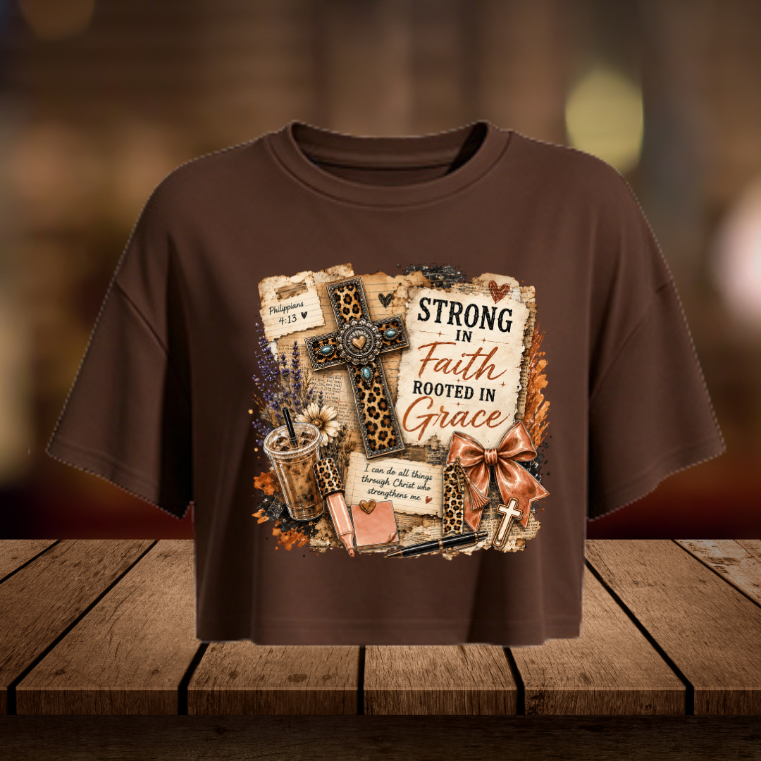 Strong in Faith Rooted in Grace Christian Crop Top | Aesthetic Western Vintage Cross Shirt | Religious Faith Tee for Women